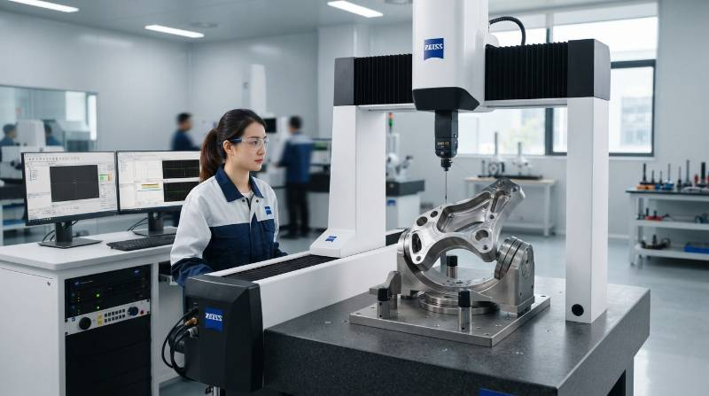 Tactile scanning probe on a Zeiss CMM measuring a multi-axis CNC machined aerospace component inside a clean room