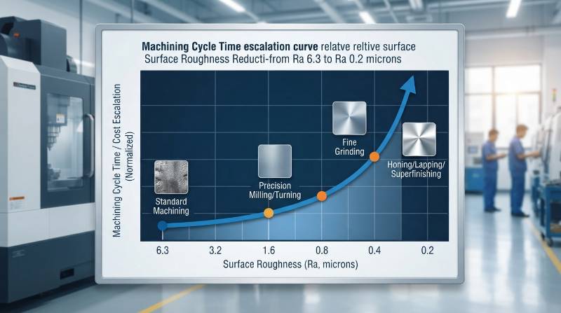 Comparison graph of machining cycle time escalation curve from Ra 6.3 down to Ra 0.2 microns