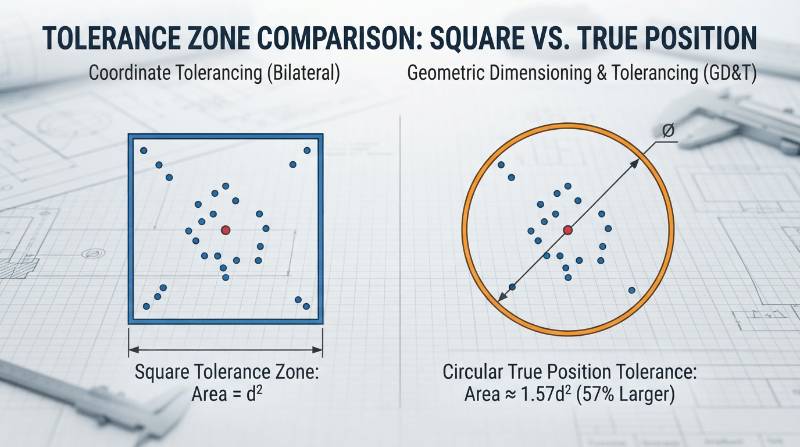 Side-by-side engineering comparison showing square coordinate tolerance box versus 57 percent larger circular True Position tolerance zone