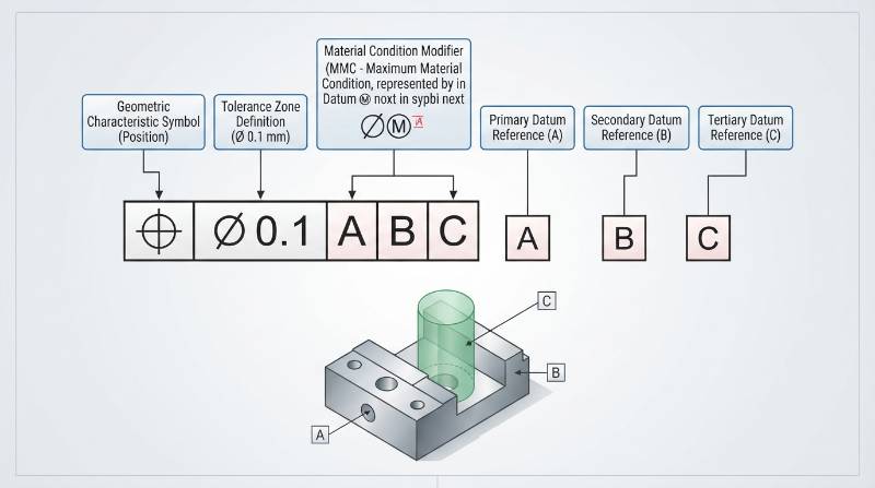 Detailed technical diagram breaking down a Feature Control Frame showing geometric symbol, tolerance zone, MMC modifier, and primary secondary tertiary datums