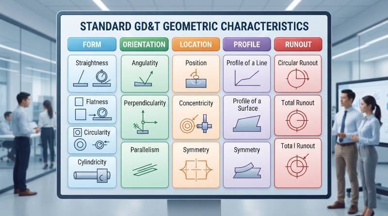 Structured matrix chart showing the 14 standard GD&T geometric characteristics divided into Form, Orientation, Location, Profile, and Runout