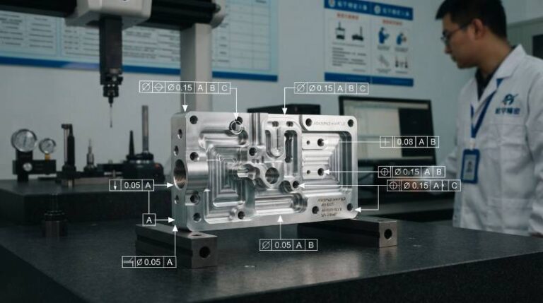 Technical blueprint showcasing GD&T Feature Control Frames and datum reference frames on a precision CNC machined aerospace manifold