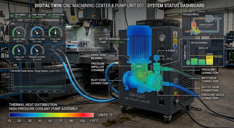 Digital twin CNC dashboard showing temperature