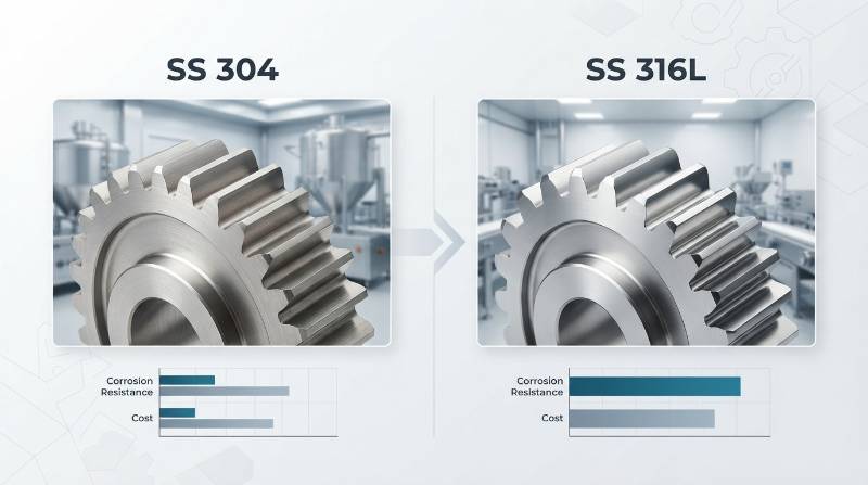 Technical comparison chart and macro photo of SS 304 versus SS 316L gear tooth profile in sanitary food processing
