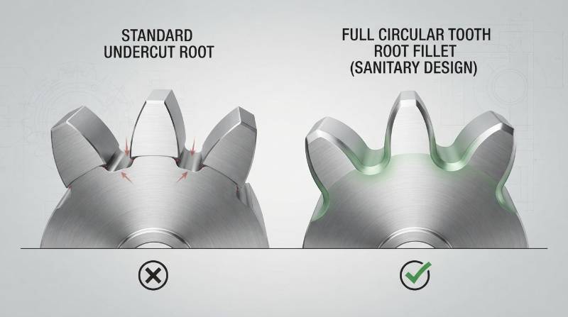 Sanitary gear DFM diagram showing full circular tooth root fillet versus standard sharp undercut root