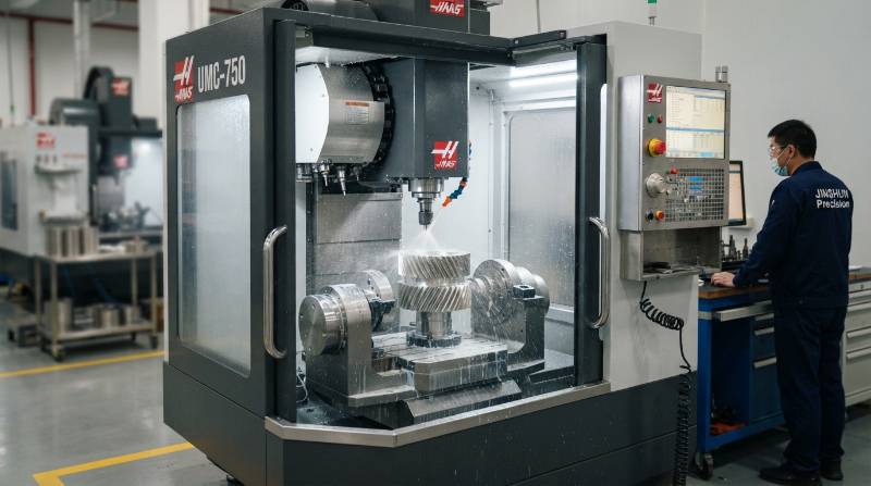Precision 5-axis CNC milling center machining stainless steel 304 helical gear with through-spindle coolant mist