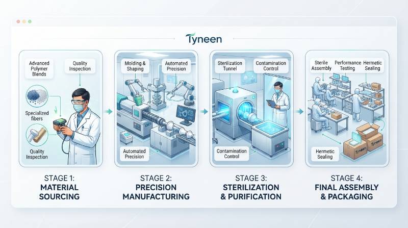 Technical workflow diagram detailing the four stages of the Tyneen UltraClean sanitary gear manufacturing process