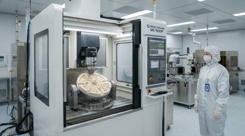 Ultra-precision CNC grinding machine finishing an advanced technical ceramic wafer chuck in an automated semiconductor manufacturing cleanroom environment
