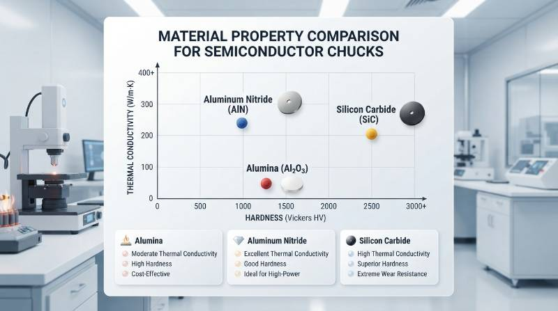 Material property comparison diagram contrasting thermal conductivity and hardness between Alumina, Aluminum Nitride, and Silicon Carbide for semiconductor chucks