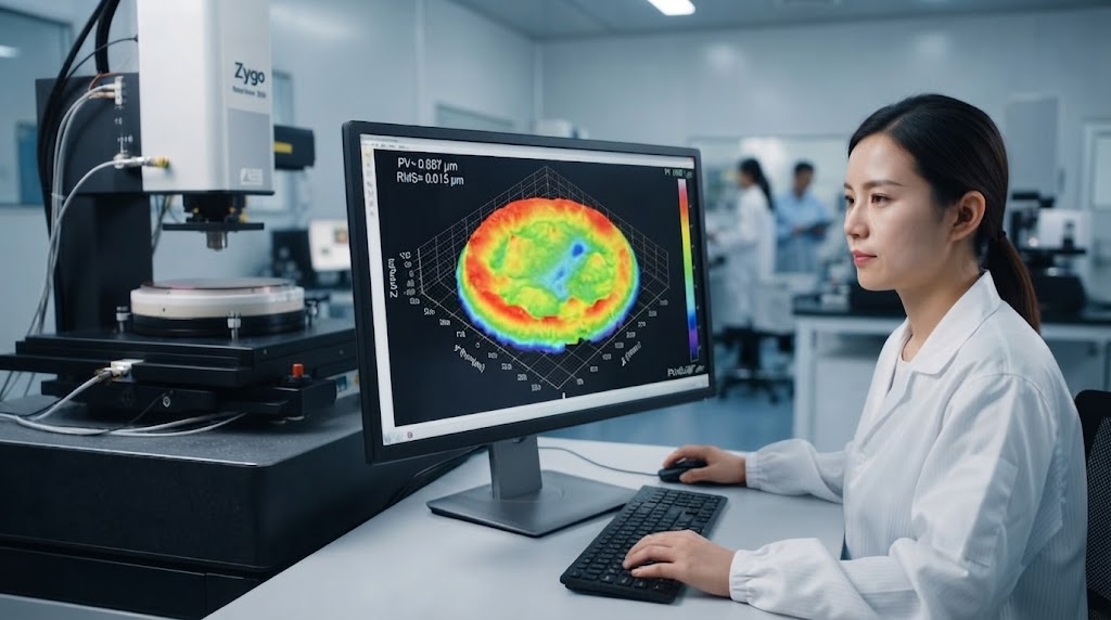 3D laser interferometry surface topography map showing sub-micron flatness verification of a 300mm electrostatic wafer chuck