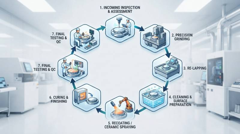 Flowchart infographic of the semiconductor electrostatic wafer chuck re-lapping, recoating, and precision grinding refurbishment lifecycle