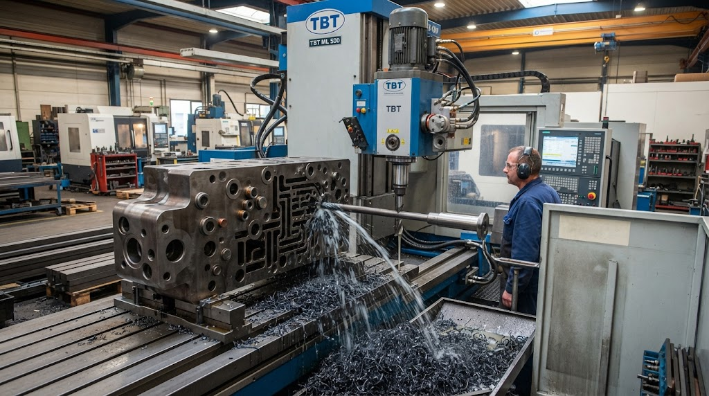 Industrial deep hole drilling machine cutting a large hydraulic manifold block