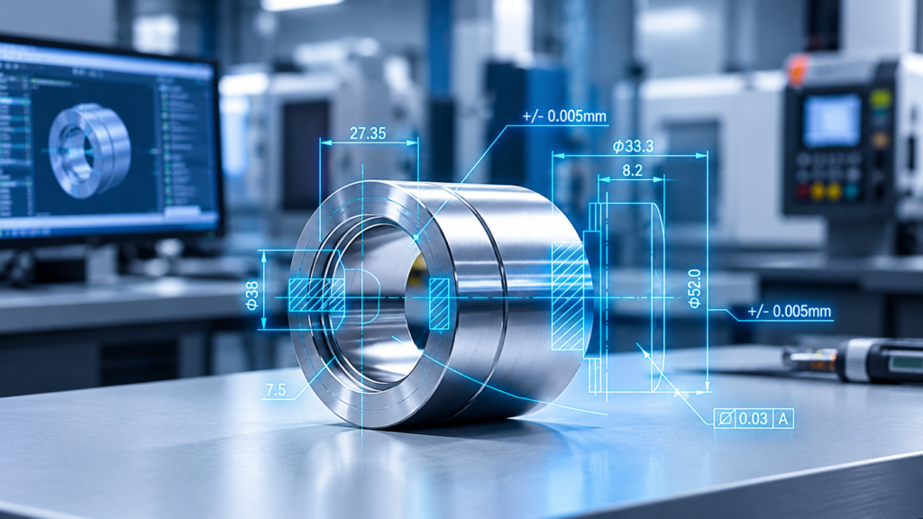 A technical drawing overlaying a finished precision turned part showing dimensional tolerances.