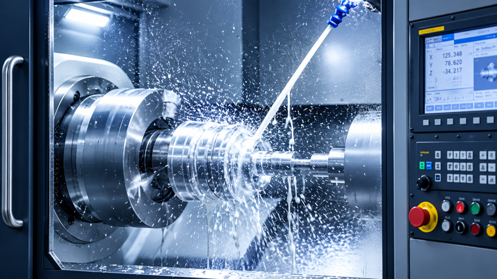 Close-up of a high-speed CNC lathe machining a complex aluminum aerospace component with coolant spray.