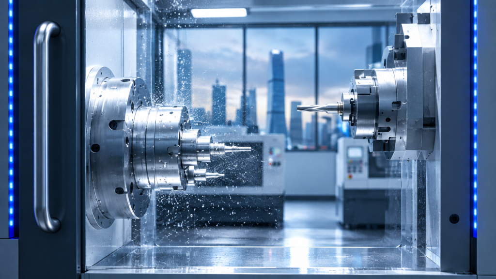A multi-axis Swiss turning machine with various tools simultaneously working on a small medical component