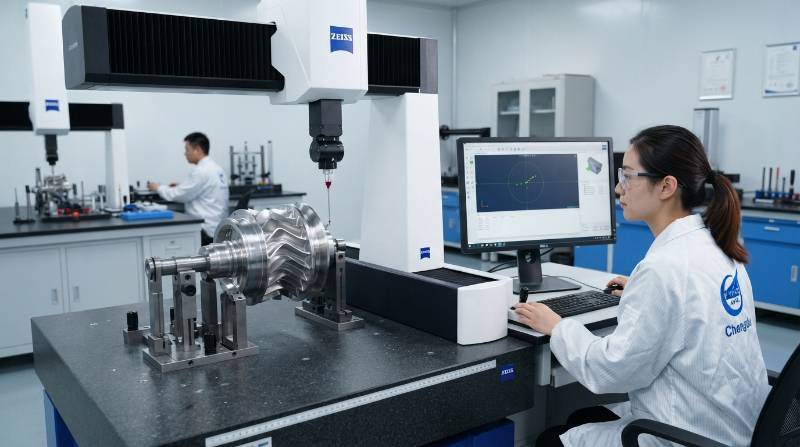 Zeiss coordinate measuring machine CMM ruby stylus scanning complex precision machined aerospace part inside metrology lab