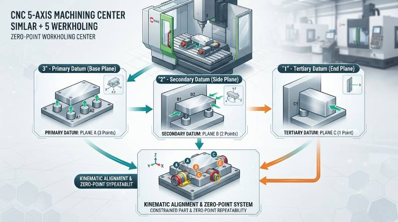 3-2-1 fixture datum kinematic alignment flowchart in CNC 5-axis machining center with zero point workholding