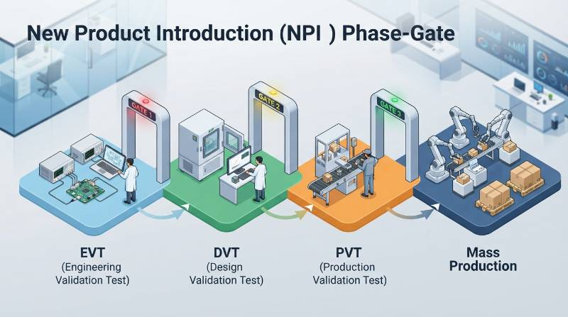 Phase-Gate NPI Flowchart showing technical progression from EVT to DVT to PVT to Mass Production with dimensional gates