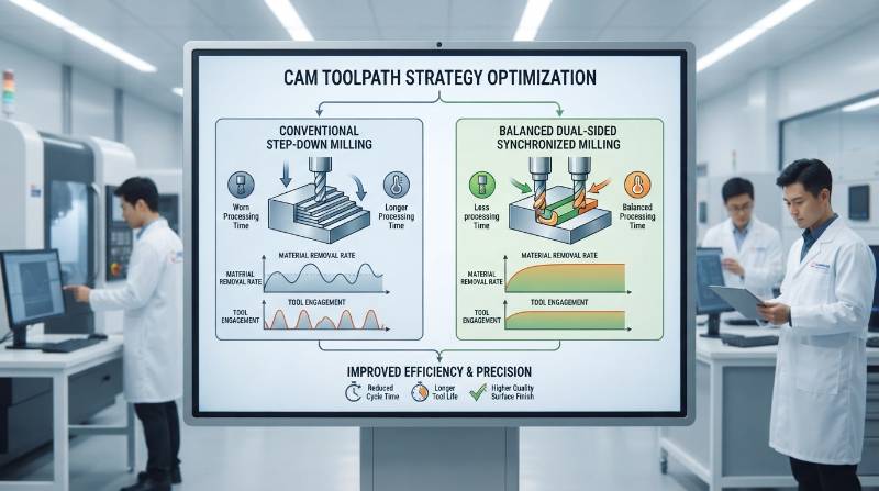 Flowchart illustrating CAM toolpath strategies contrasting conventional step-down milling with balanced dual-sided synchronized milling