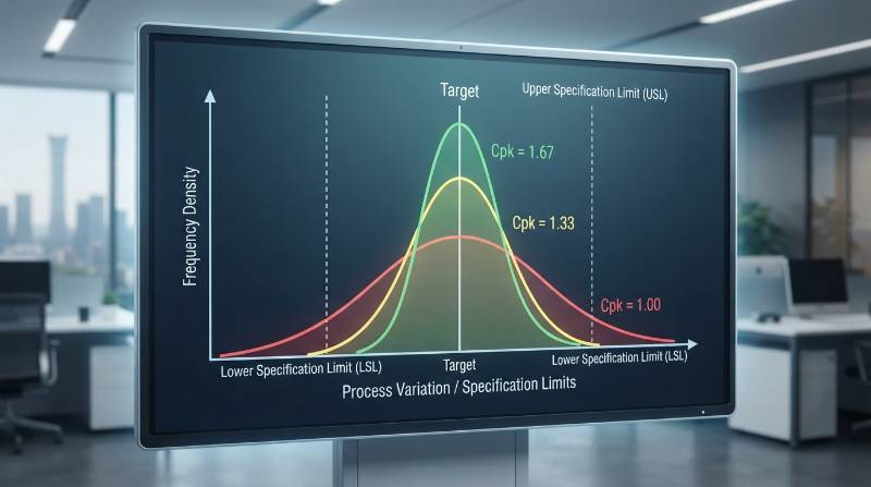 Statistical Process Capability Graph displaying normal distribution curves comparing Cpk 1.00, Cpk 1.33, and Cpk 1.67 tolerances Key statistical qualification requirements include