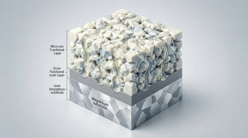 Microstructure illustration: Micro-Arc Oxidation (MAO) ceramic barrier layer on magnesium showing crystalline phase formation
