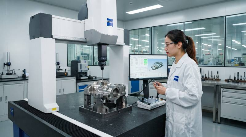 High-precision Zeiss coordinate measuring machine verifying tight geometric tolerances on a 5-axis CNC machined component in a laboratory