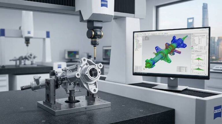 Interactive inspection graphic: Zeiss CMM coordinate point mapping for thin-walled steering columns showing complex bore dimensions