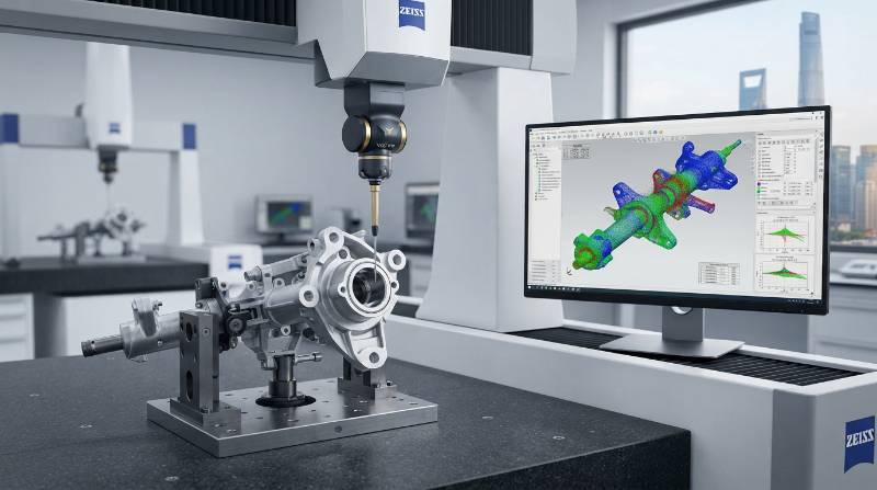 Interactive inspection graphic: Zeiss CMM coordinate point mapping for thin-walled steering columns showing complex bore dimensions
