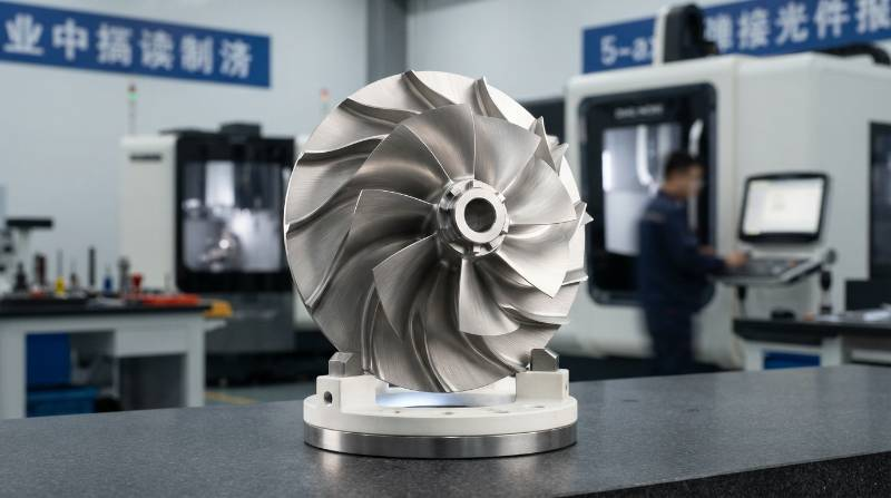 Precision machined aerospace titanium impeller with ultra-smooth 5-axis continuous swarf toolpaths and thin curved blade geometry