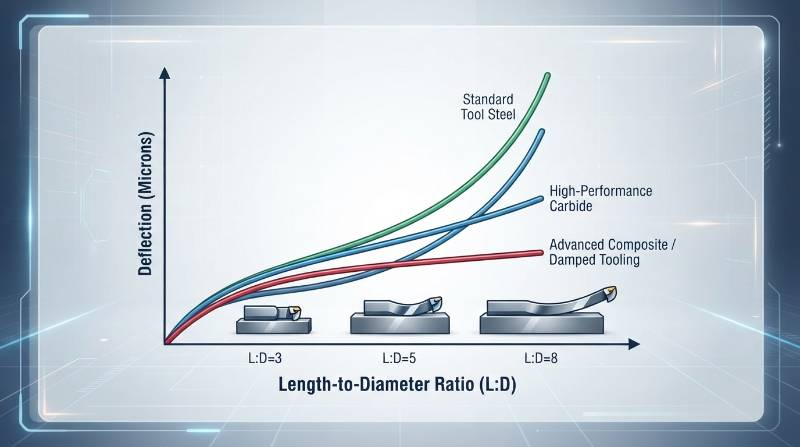 Technical deflection curve diagram illustrating cantilever cutting tool bending dynamics across varying length-to-diameter aspect ratios in high-strength metal
