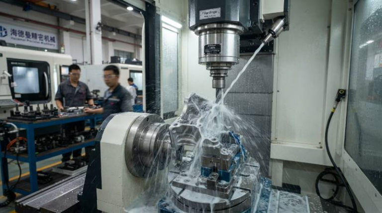 Industrial 5-axis CNC machining center spindle cutting complex aerospace titanium component with minimal clearances and high-pressure coolant delivery