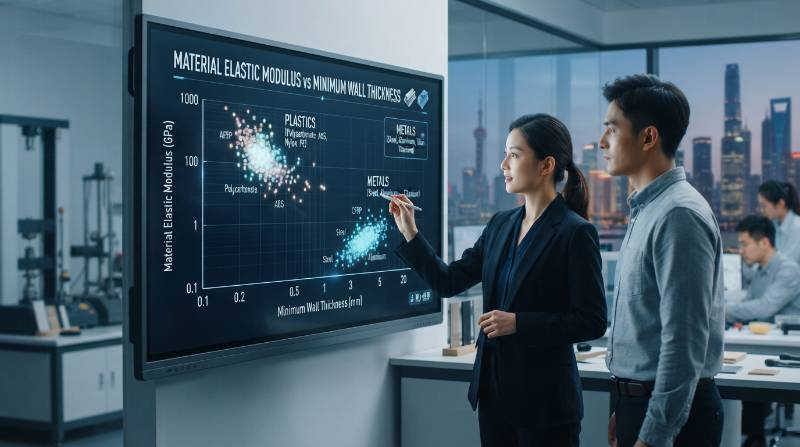 Interactive Material Elastic Modulus vs Minimum Wall Thickness Scatter Plot showing metals clustered near thin limits and plastics at thicker ranges