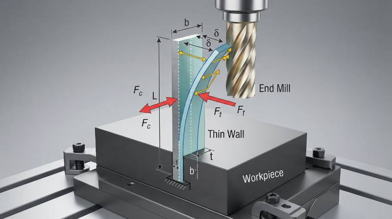 Cantilever Beam Cutting Force Deflection Model Diagram showing end mill tool pressure applied against vertical thin wall feature with bending vectors