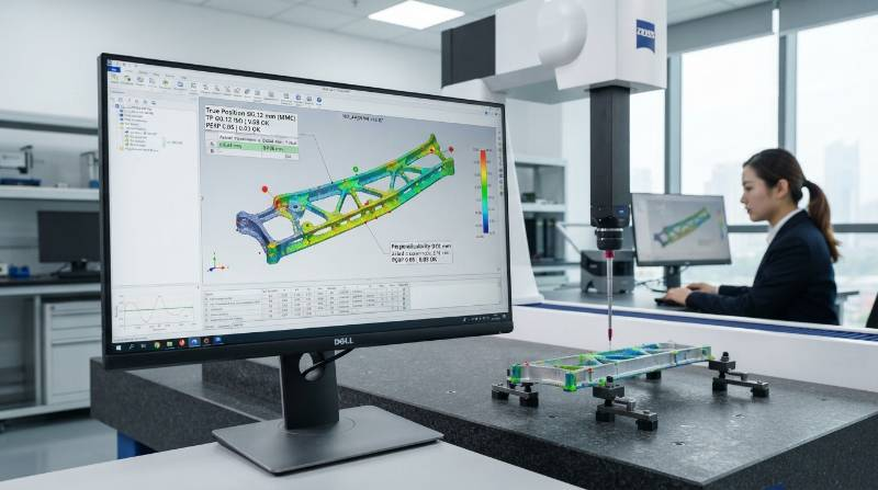 Zeiss CMM 3D scan report demonstrating true-position and perpendicularity verification on a 0.35 mm aerospace isolation