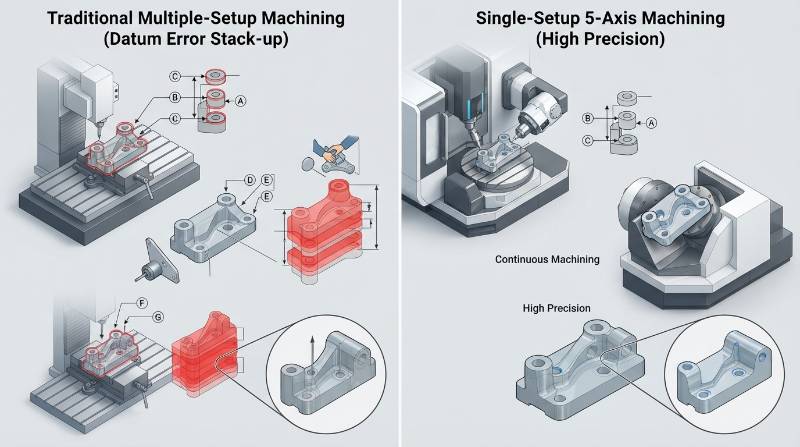 Comparison schematic showing datum error stack-up in multiple setups versus single-setup 5-axis CNC machining precision