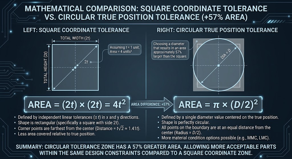 Infographic showing mathematical comparison between square coordinate tolerance zone and 57 percent larger circular true position tolerance zone