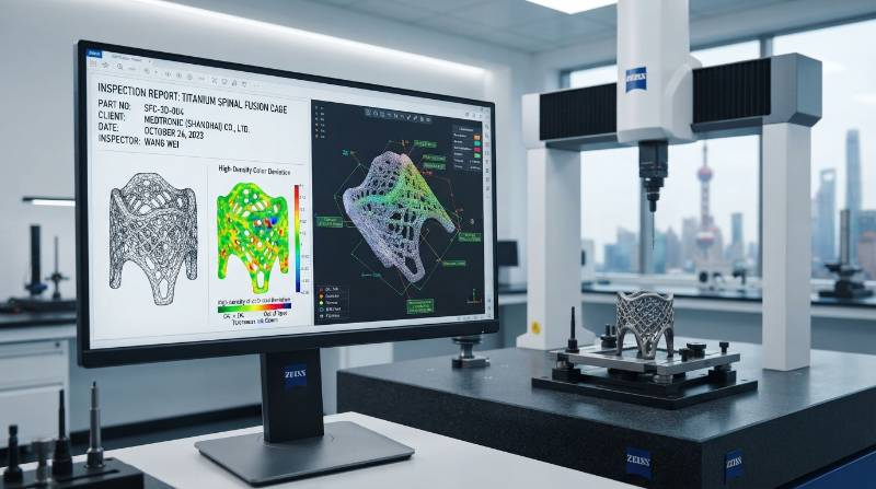 Micro-Machined Spinal Fusion Cage Inspection Report showing thin wall struts and Zeiss CMM 3D point cloud scan