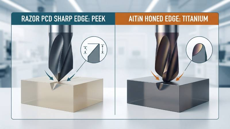 Micro-End Mill Geometry Comparison Infographic showing razor PCD sharp edge for PEEK versus AlTiN honed edge for Titanium