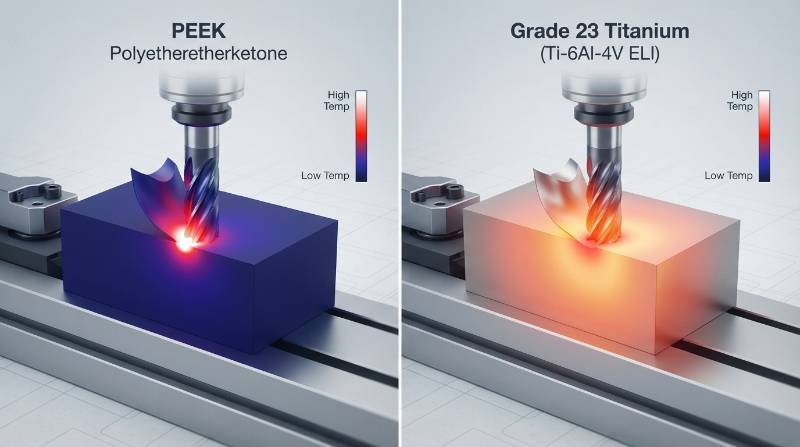 Thermal Conductivity Finite Element Analysis Diagram contrasting localized heat concentration in PEEK versus Grade 23 Titanium during end milling