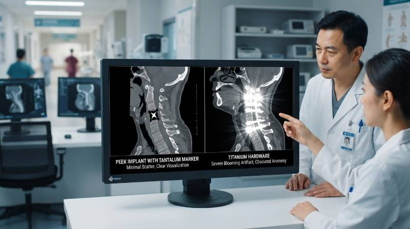 Postoperative Imaging Artifact Comparison showing clean CT scan of PEEK with tantalum marker versus severe scatter blooming from Titanium hardware