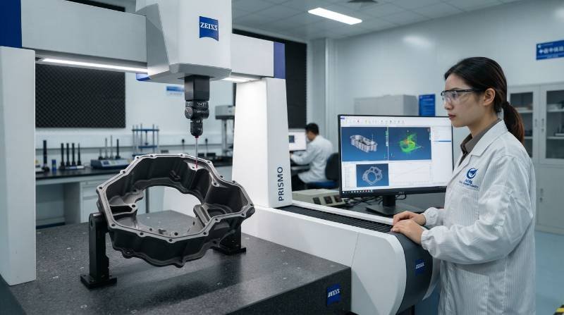 Zeiss Coordinate Measuring Machine inspecting a complex aerospace magnesium casing with micro-arc oxidation surface finish
