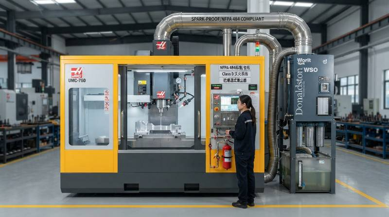 NFPA 484 compliant industrial CNC machining center enclosure featuring spark-proof ducting, wet dust collector, and Class D fire suppression system