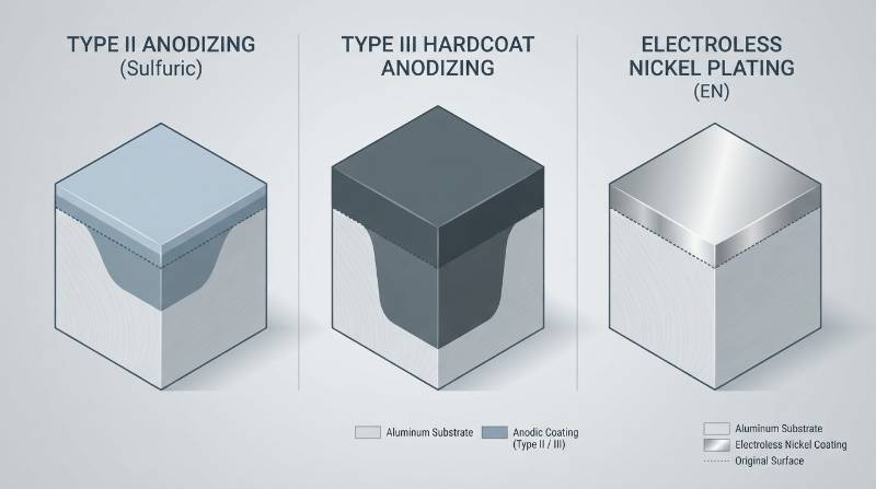 Technical diagram illustrating coating build-up and penetration depth for Type II anodizing, Type III hardcoat, and Electroless Nickel Plating