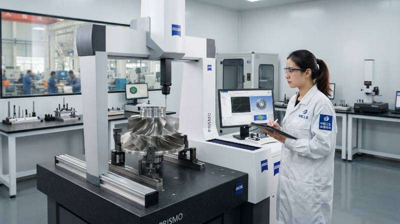 High-precision quality inspection laboratory featuring a Zeiss CMM coordinate measuring machine inspecting a complex aerospace CNC part