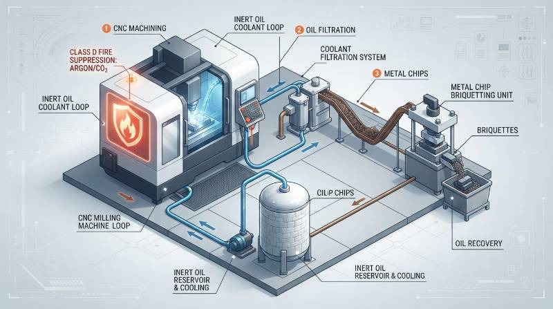Process diagram: Closed-cell inert oil machining and Class D fire safety setup with chip briquetting integration