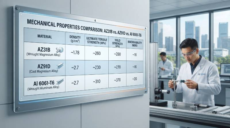 Comparison table of mechanical properties: AZ31B vs AZ91D vs Al 6061-T6 showcasing density, tensile strength, and machinability index