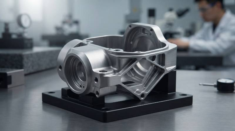 Macro view of precision CNC milled thin-walled aerospace camera gimbal housing in AZ31B magnesium alloy