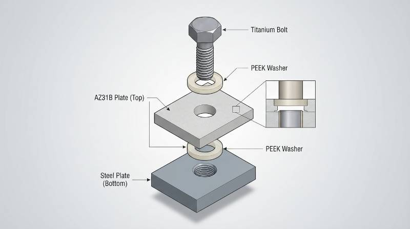 Exploded CAD assembly diagram illustrating galvanic isolation between AZ31B plate, titanium bolt, and dielectric PEEK washer
