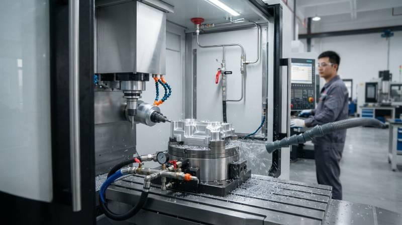 High-speed CNC milling chamber setup with vacuum chuck fixturing and Class D fire suppression for magnesium AZ31B