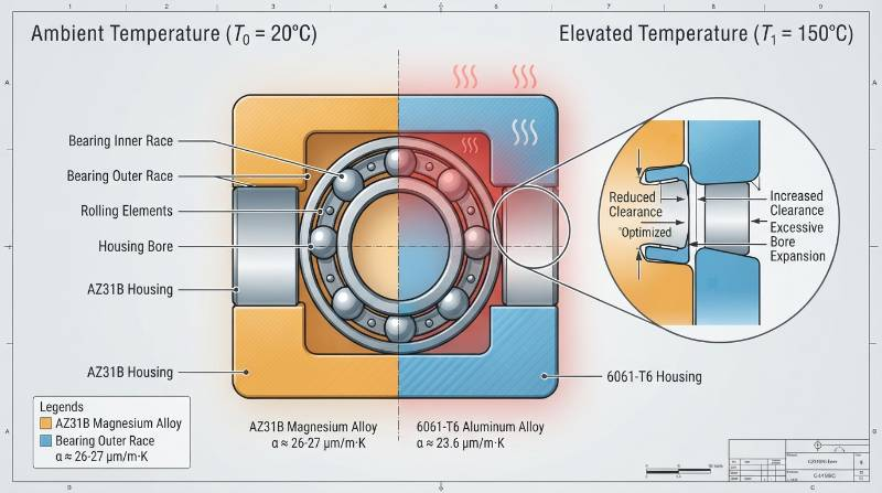 CAD cross-section diagram showing bearing bore thermal growth differential between AZ31B and 6061-T6 under temperature variations